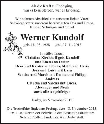 Traueranzeige von Werner Kundolf  von Magdeburger Volksstimme