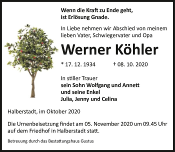 Traueranzeige von Werner Köhler  von Magdeburger Volksstimme