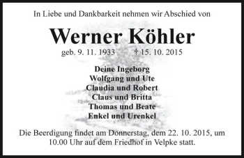Traueranzeige von Werner Köhler  von Magdeburger Volksstimme