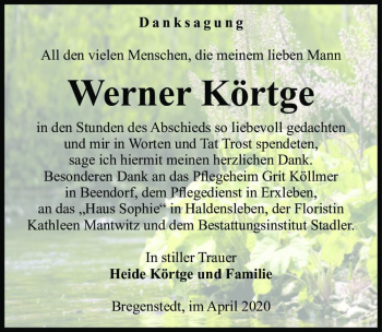 Traueranzeige von Werner Körtge  von Magdeburger Volksstimme