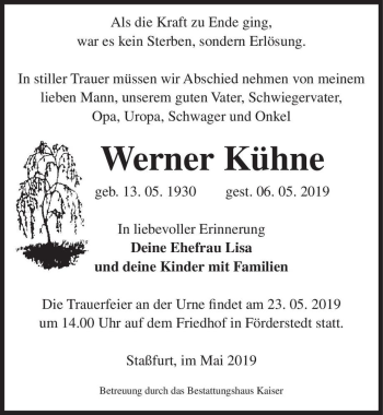 Traueranzeige von Werner Kühne  von Magdeburger Volksstimme