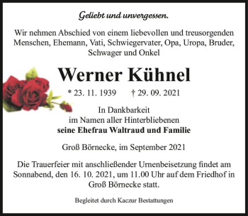 Traueranzeige von Werner Kühnel  von Magdeburger Volksstimme