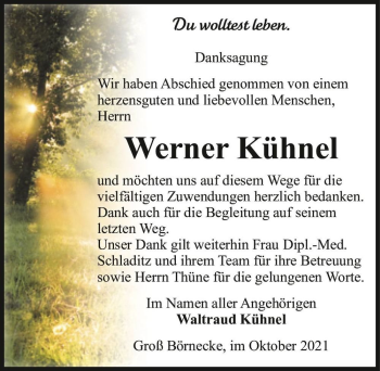 Traueranzeige von Werner Kühnel  von Magdeburger Volksstimme