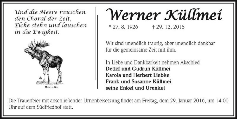  Traueranzeige für Werner Küllmei  vom 16.01.2016 aus Magdeburger Volksstimme
