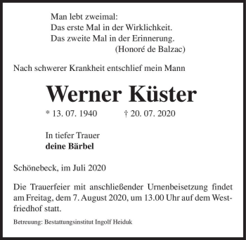 Traueranzeige von Werner Küster  von Magdeburger Volksstimme