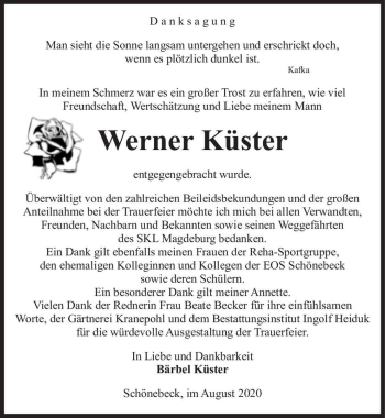Traueranzeige von Werner Küster  von Magdeburger Volksstimme