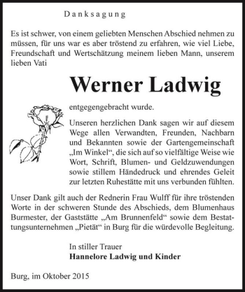 Traueranzeige von Werner Ladwig  von Magdeburger Volksstimme