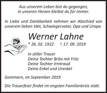 Traueranzeige von Werner Lahne  von Magdeburger Volksstimme
