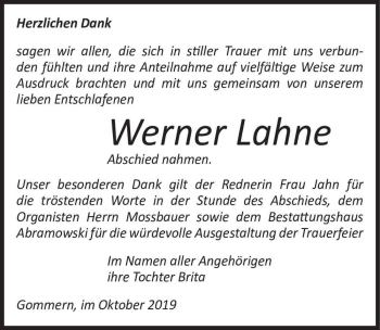 Traueranzeige von Werner Lahne  von Magdeburger Volksstimme