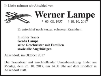 Traueranzeige von Werner Lampe  von Magdeburger Volksstimme