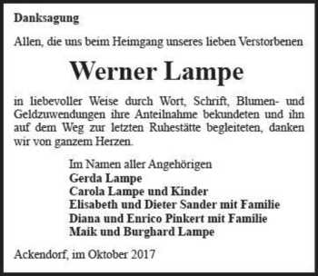 Traueranzeige von Werner Lampe  von Magdeburger Volksstimme