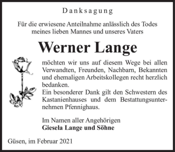 Traueranzeige von Werner Lange  von Magdeburger Volksstimme