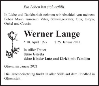 Traueranzeige von Werner Lange  von Magdeburger Volksstimme