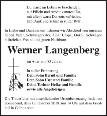 Traueranzeige von Werner Langenberg  von Magdeburger Volksstimme