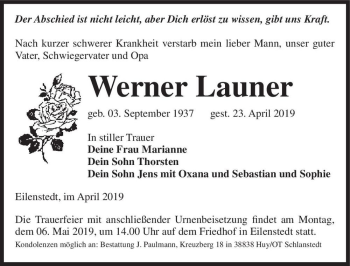 Traueranzeige von Werner Launer  von Magdeburger Volksstimme