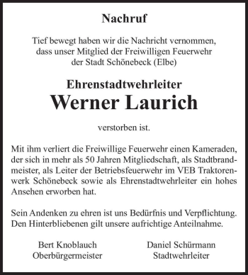 Traueranzeige von Werner Laurich  von Magdeburger Volksstimme