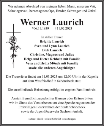 Traueranzeige von Werner Laurich  von Magdeburger Volksstimme