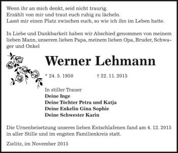 Traueranzeige von Werner Lehmann  von Magdeburger Volksstimme