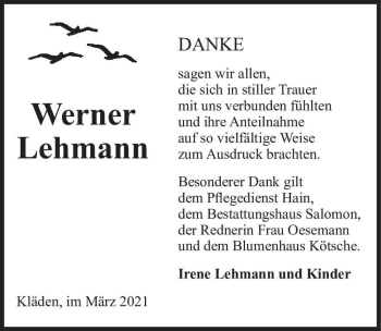 Traueranzeige von Werner Lehmann  von Magdeburger Volksstimme