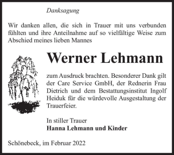 Traueranzeige von Werner Lehmann  von Magdeburger Volksstimme