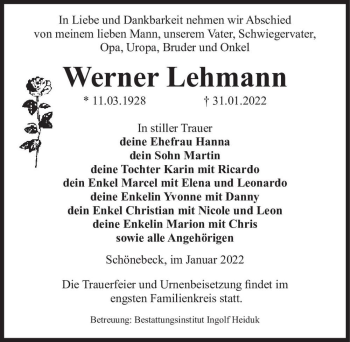 Traueranzeige von Werner Lehmann  von Magdeburger Volksstimme