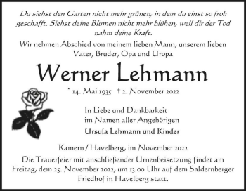 Traueranzeige von Werner Lehmann  von Magdeburger Volksstimme