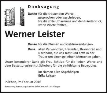 Traueranzeige von Werner Leister  von Magdeburger Volksstimme