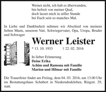 Traueranzeige von Werner Leister  von Magdeburger Volksstimme