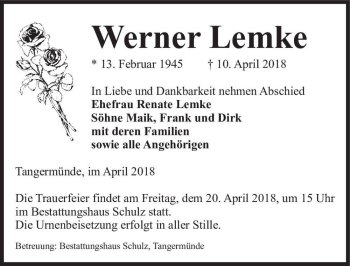 Traueranzeige von Werner Lemke  von Magdeburger Volksstimme