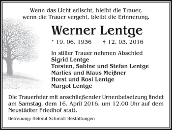 Traueranzeige von Werner Lentge  von Magdeburger Volksstimme