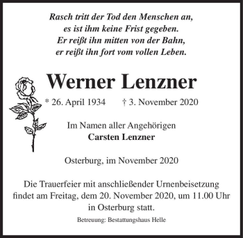 Traueranzeige von Werner Lenzner  von Magdeburger Volksstimme