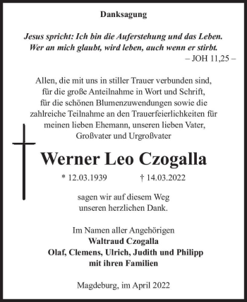 Traueranzeige von Werner Leo Czogalla  von Magdeburger Volksstimme