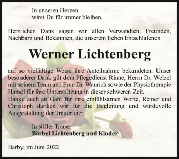 Traueranzeige von Werner Lichtenberg  von Magdeburger Volksstimme