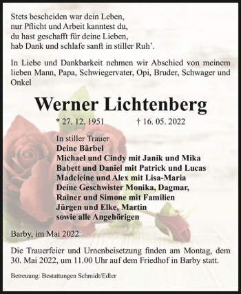 Traueranzeige von Werner Lichtenberg  von Magdeburger Volksstimme