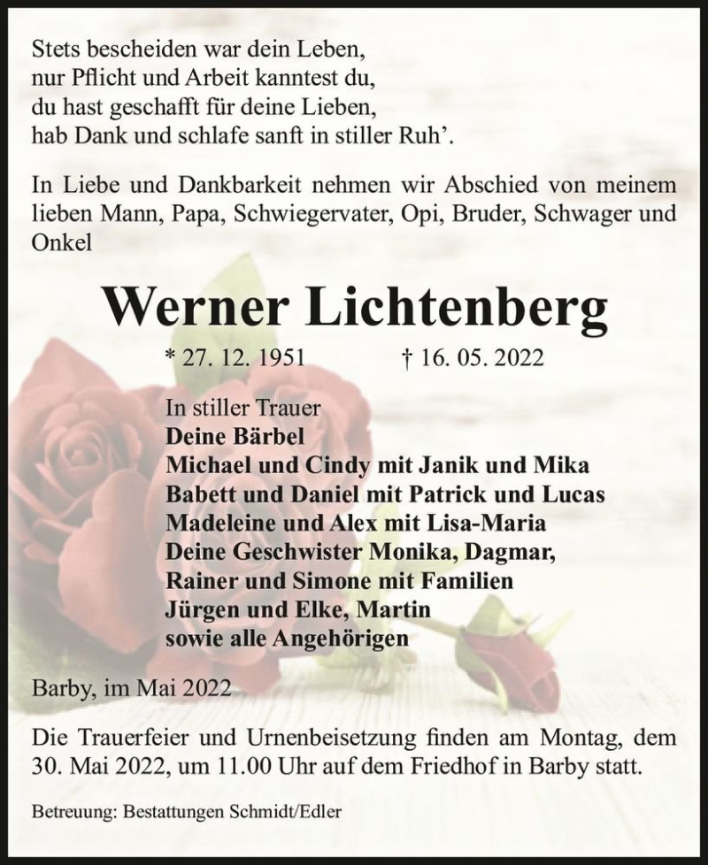  Traueranzeige für Werner Lichtenberg  vom 21.05.2022 aus Magdeburger Volksstimme
