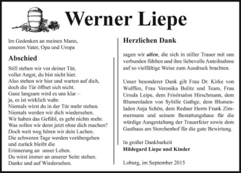 Traueranzeige von Werner Liepe  von Magdeburger Volksstimme