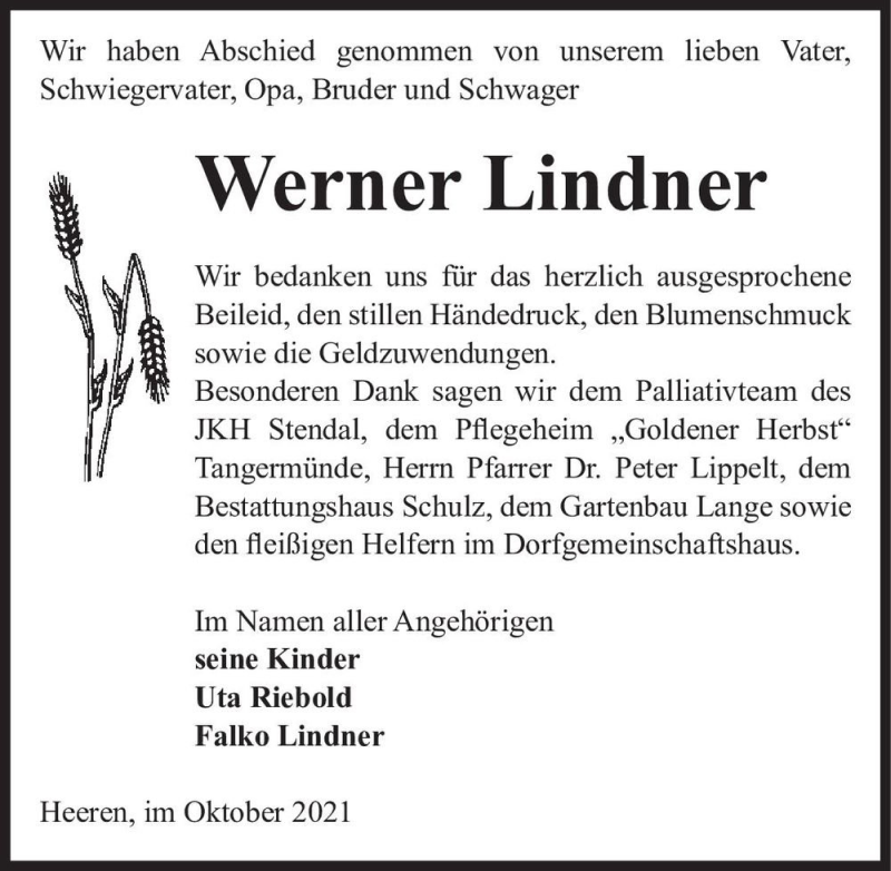  Traueranzeige für Werner Lindner  vom 16.10.2021 aus Magdeburger Volksstimme