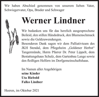 Traueranzeige von Werner Lindner  von Magdeburger Volksstimme