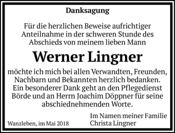 Traueranzeige von Werner Lingner  von Magdeburger Volksstimme