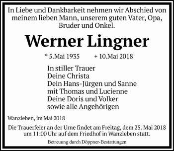 Traueranzeige von Werner Lingner  von Magdeburger Volksstimme