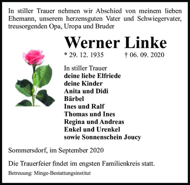  Traueranzeige für Werner Linke  vom 12.09.2020 aus Magdeburger Volksstimme