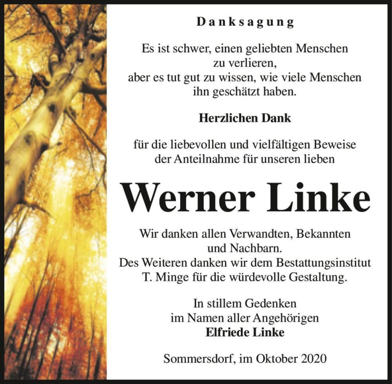  Traueranzeige für Werner Linke  vom 17.10.2020 aus Magdeburger Volksstimme