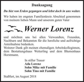 Traueranzeige von Werner Lorenz  von Magdeburger Volksstimme