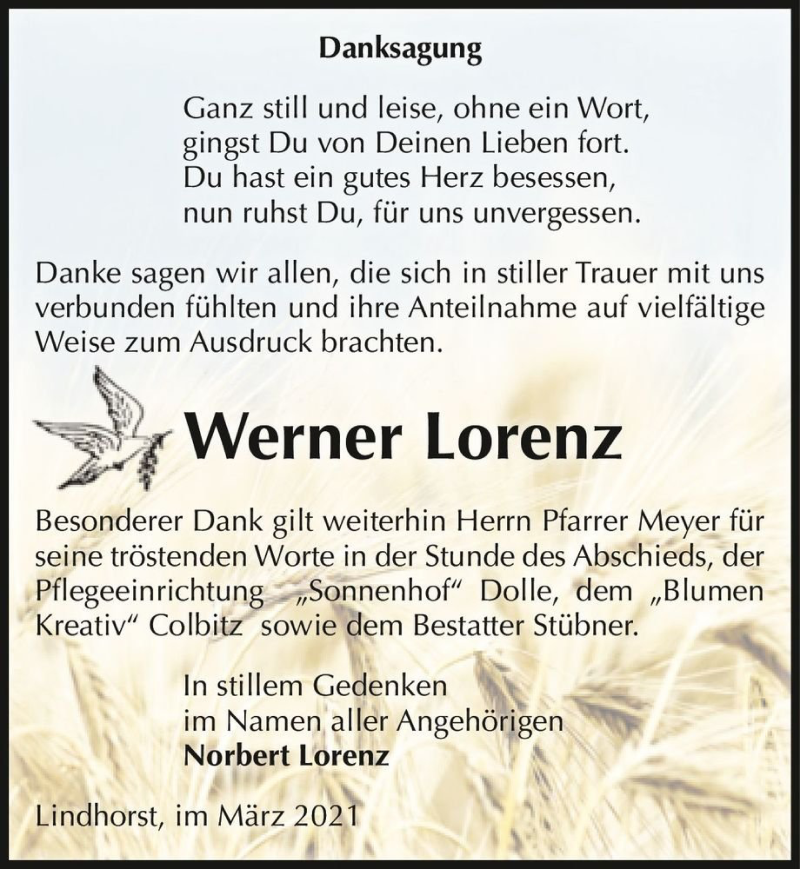  Traueranzeige für Werner Lorenz  vom 27.03.2021 aus Magdeburger Volksstimme