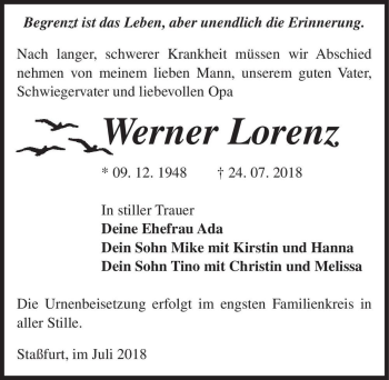 Traueranzeige von Werner Lorenz  von Magdeburger Volksstimme