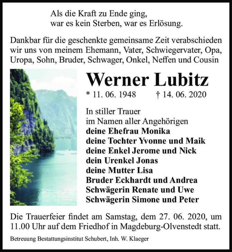  Traueranzeige für Werner Lubitz  vom 20.06.2020 aus Magdeburger Volksstimme