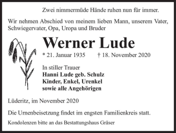 Traueranzeige von Werner Lude  von Magdeburger Volksstimme