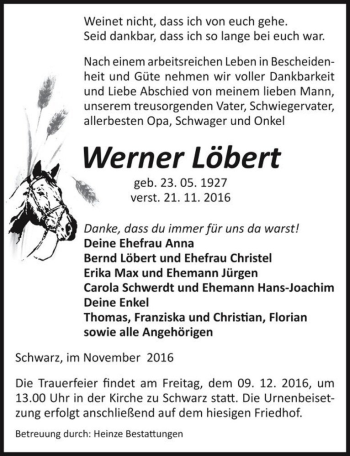 Traueranzeige von Werner Löbert  von Magdeburger Volksstimme