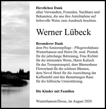 Traueranzeige von Werner Lübeck  von Magdeburger Volksstimme
