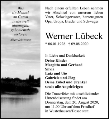 Traueranzeige von Werner Lübeck  von Magdeburger Volksstimme
